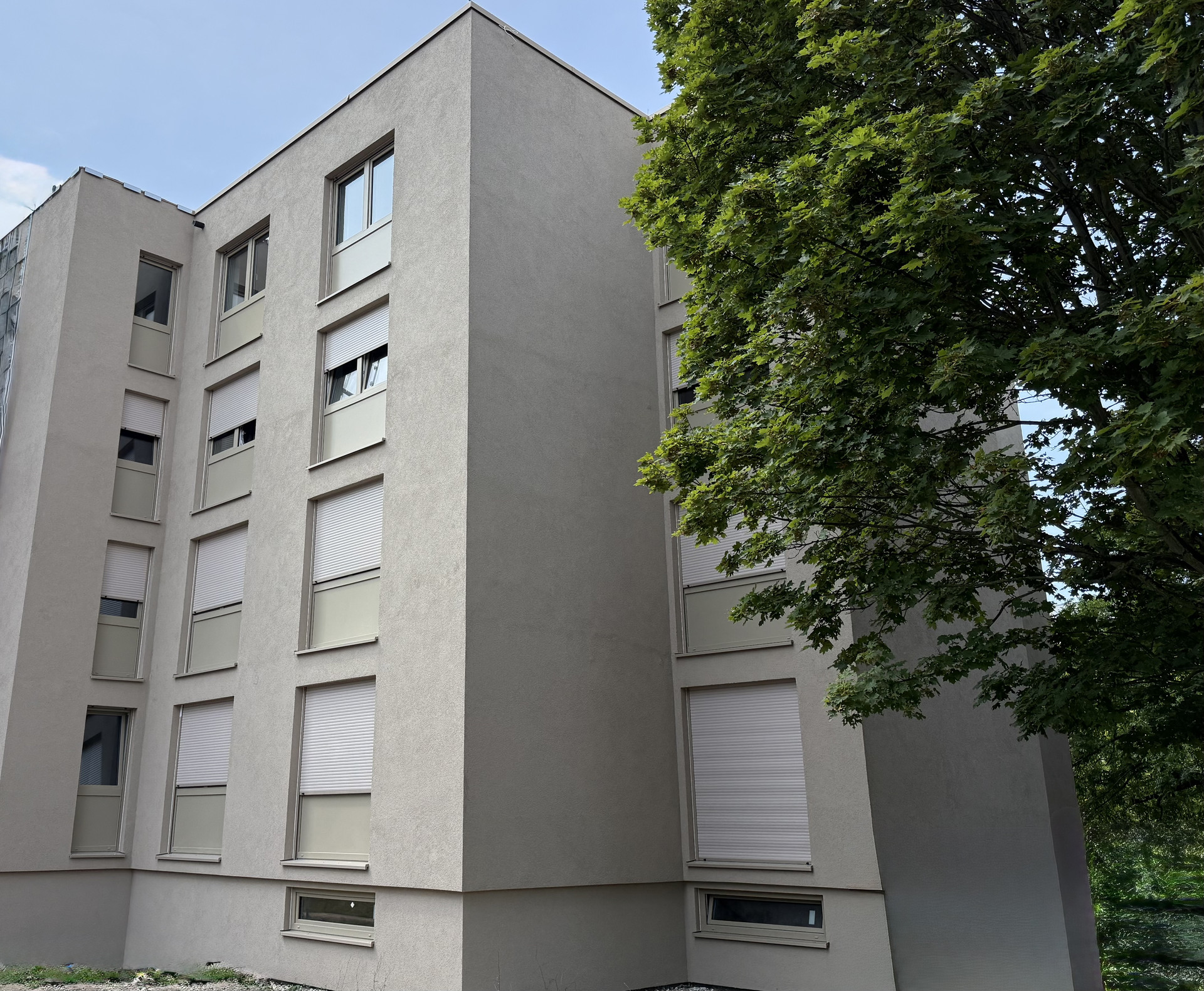 Mehrfamilienhaus mit hellgrauer Fassade, großen Fenstern und geschlossenen Rollläden, daneben ein großer Baum.