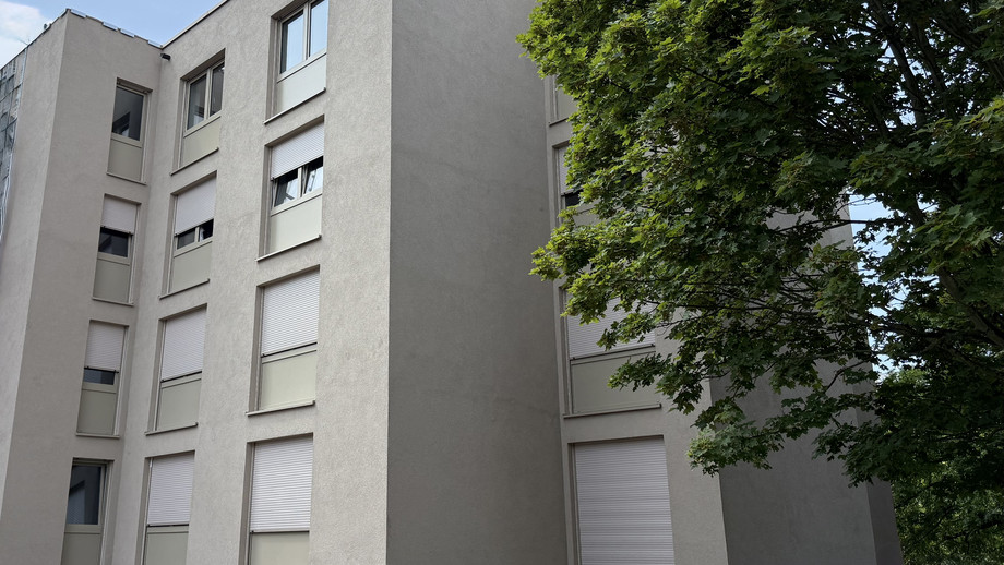 Mehrfamilienhaus mit hellgrauer Fassade, großen Fenstern und geschlossenen Rollläden, daneben ein großer Baum.